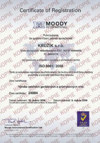 certifikát KRUŽÍK s.r.o. - ISO 9001:2000 