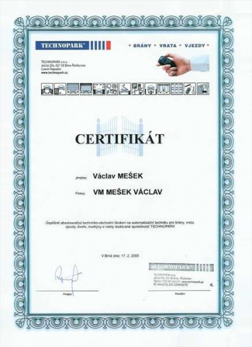certifikát o technicko-obchodním školení 